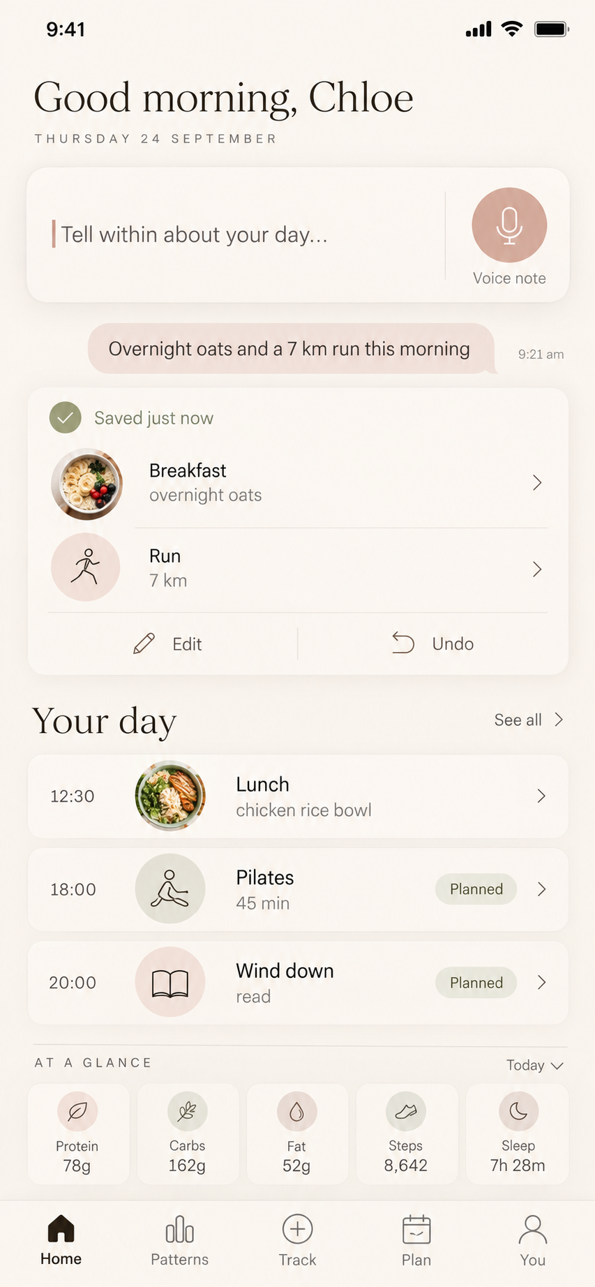 within home screen showing a daily plan and quick logging